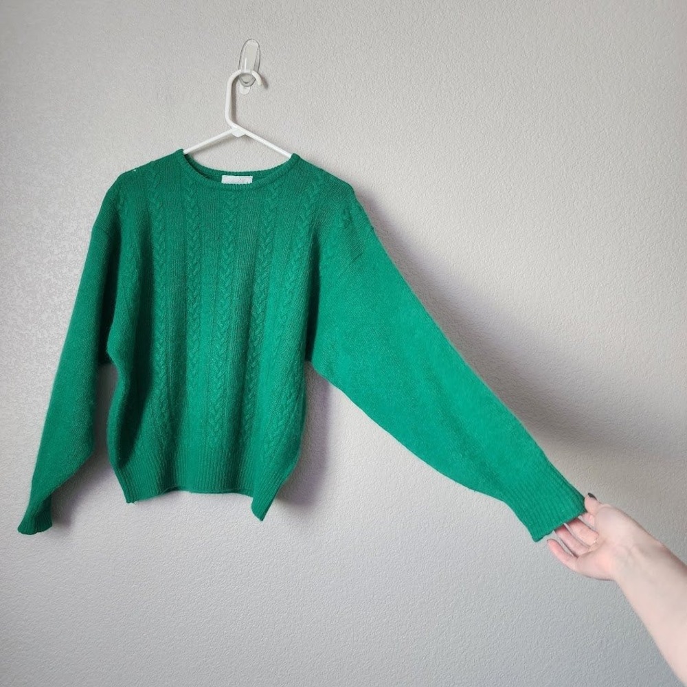 VINTAGE 80s cable knit rabbit hair blend crew neck sweater in kelly green size L - Picture 10 of 10